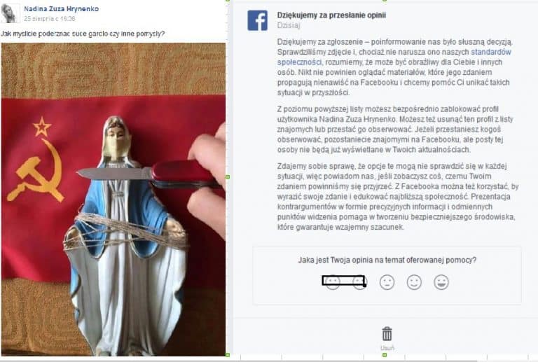 Komunistyczne symbole i nazwanie Matki Boskiej „suką” są zgodne ze standardami facebooka