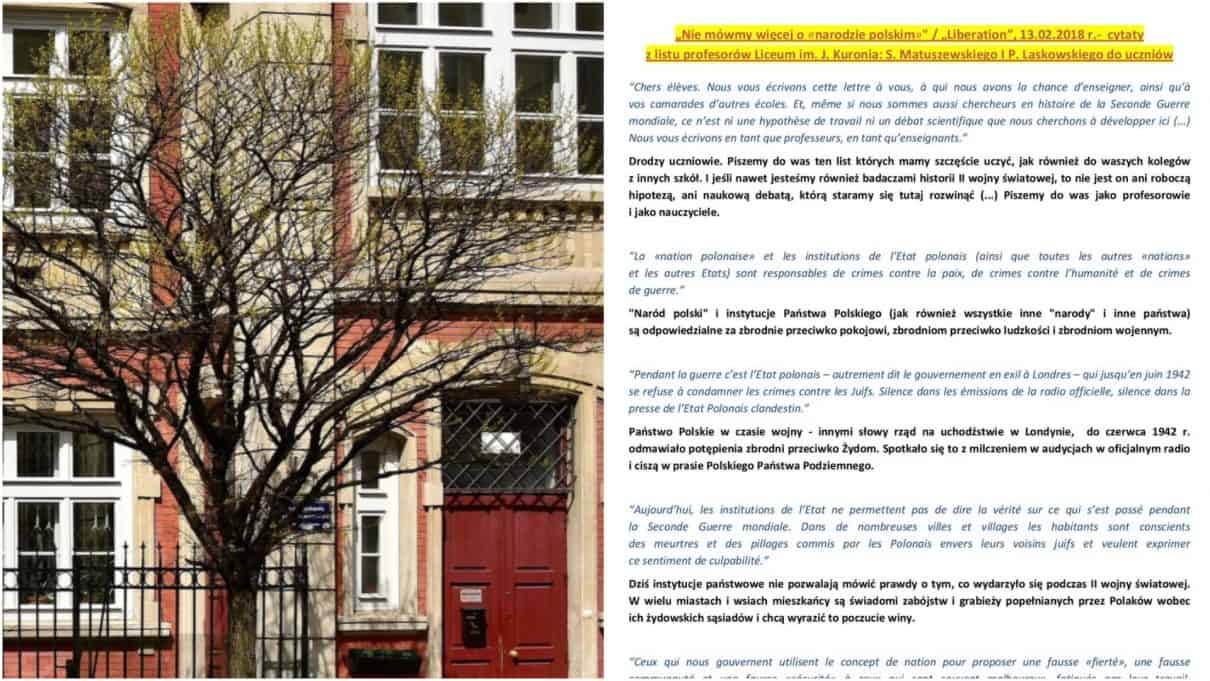 Nauczyciele z liceum w Warszawie opublikowali list, w którym stwierdzają, że Polacy są odpowiedzialni za zbrodnie przeciwko ludzkości