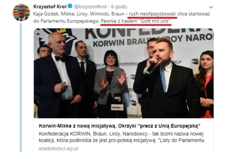 Krzysztof Król określił Konfederacje Korwina Mikke, Ruchu Narodowego, Grzegorza Brauna oraz Liroya mianem neofaszystowskiej