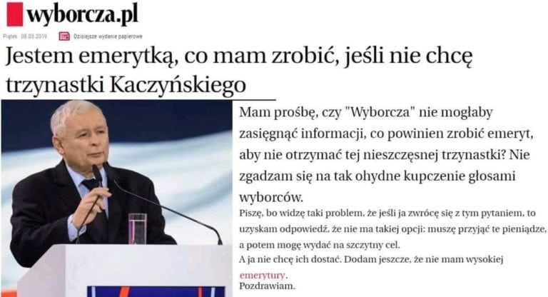 „Wyborcza” publikuje list od emerytki, która nie chce „trzynastki Kaczyńskiego”