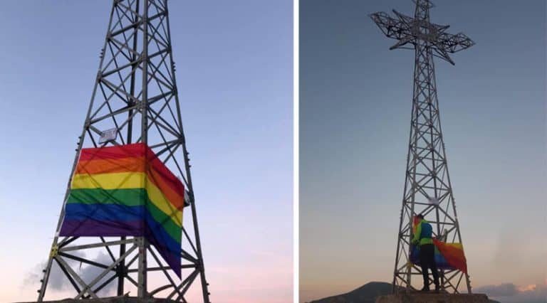 Aktywiści LGBT zawiesili tęczową flagę na krzyżu na Giewoncie