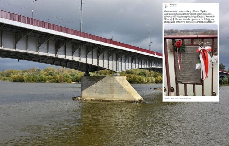 W Warszawie z mostu Śląsko-Dąbrowskiego skradziono tablicę upamiętniającą żołnierzy AK. Zaskakujący finał sprawy…