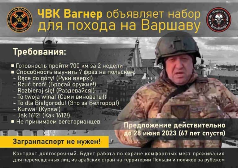 Grupa Wagnera werbuje ochotników do „marszu na Warszawę”